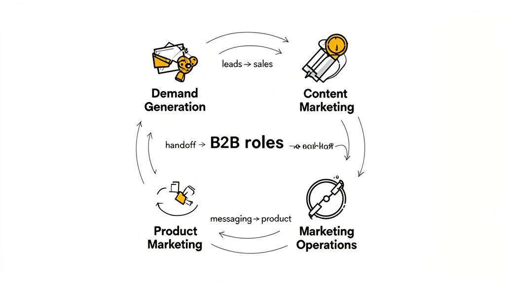 Diagram illustrating the cyclical interaction of B2B marketing roles: Demand Generation, Content Marketing, Marketing Operations, and Product Marketing.