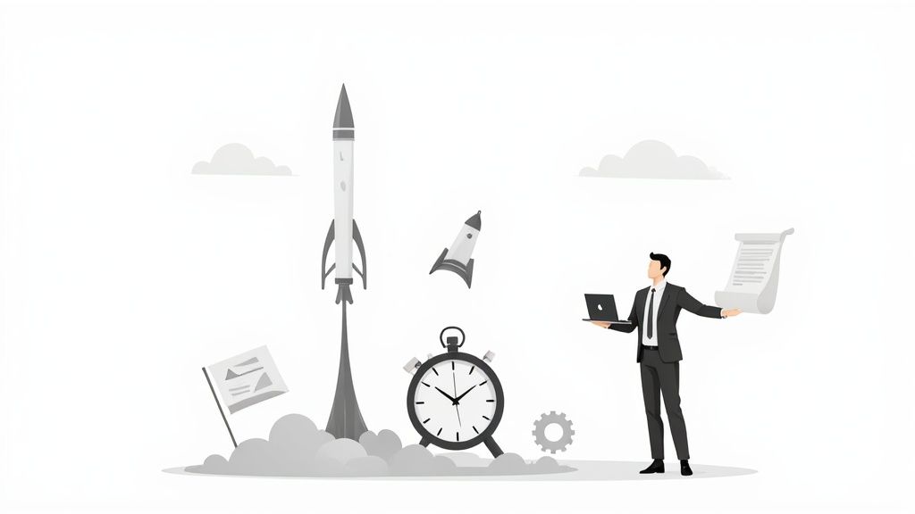Businessman with laptop and documents, rockets launching, a clock, and a flag, symbolizing business strategy and growth.