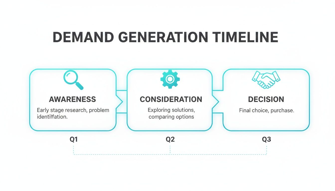 Demand generation timeline showing awareness, consideration, and decision phases across three quarters.