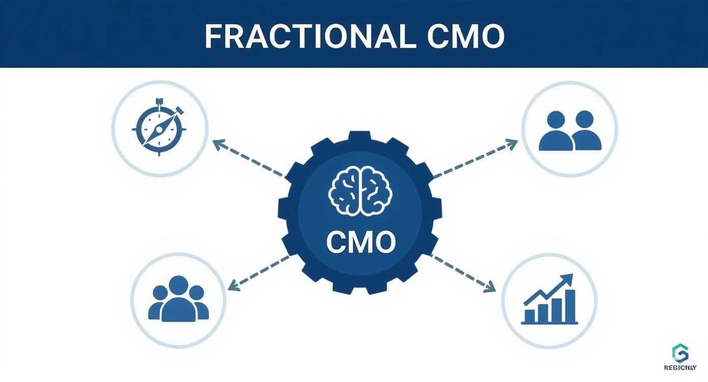 Diagram illustrating the key functions of a Fractional CMO, including strategy, leadership, team management, and business growth.