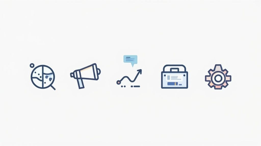 Several documents outlining marketing strategies and results scattered on a table.