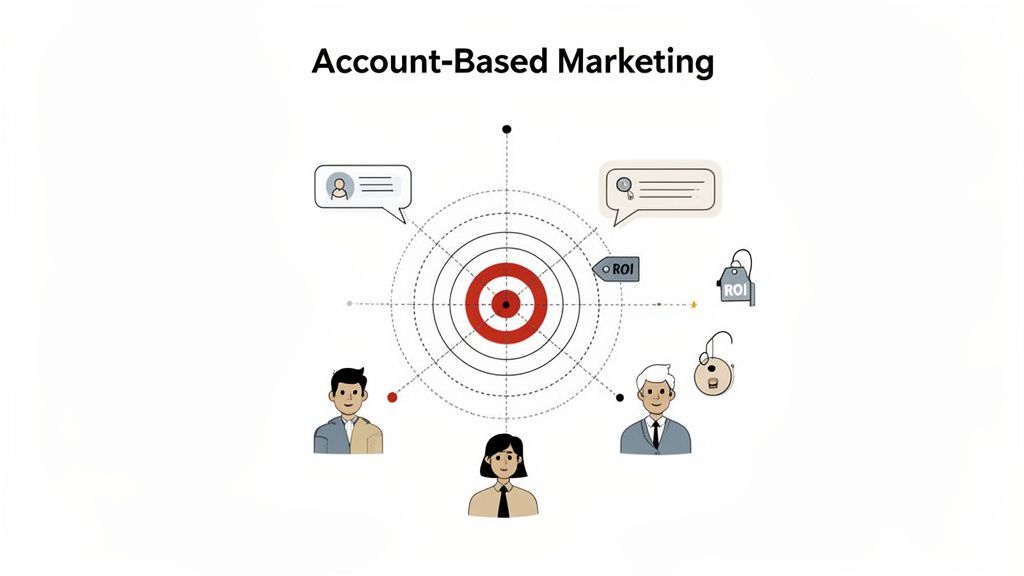 An illustration depicting Account-Based Marketing with a central target, people, and ROI indicators.