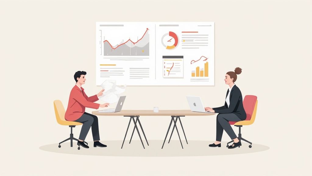 Business meeting with a man and woman collaborating on laptops, displaying data on a large screen.