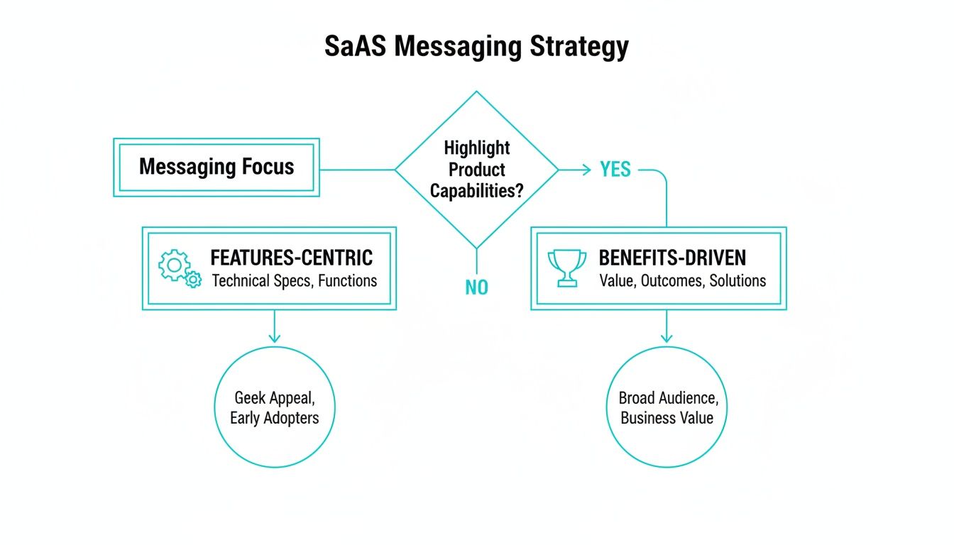 Flowchart detailing SaaS messaging strategy, choosing between feature-centric and benefits-driven approaches.