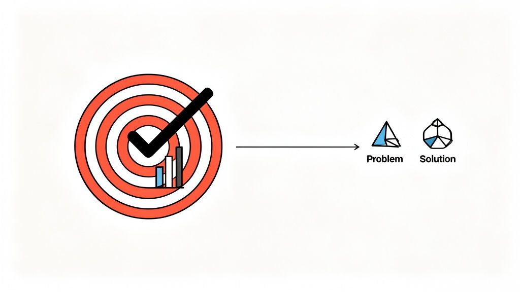 An illustration showing a target with a checkmark and bar charts, leading to problem and solution icons.