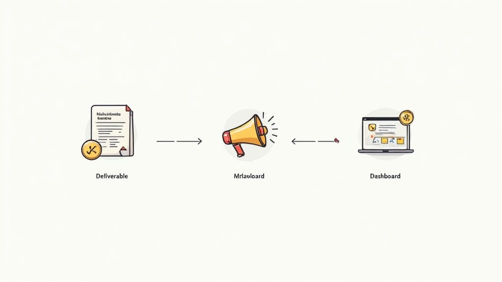A diagram illustrating a three-step process from a deliverable document, to a megaphone, and a dashboard.