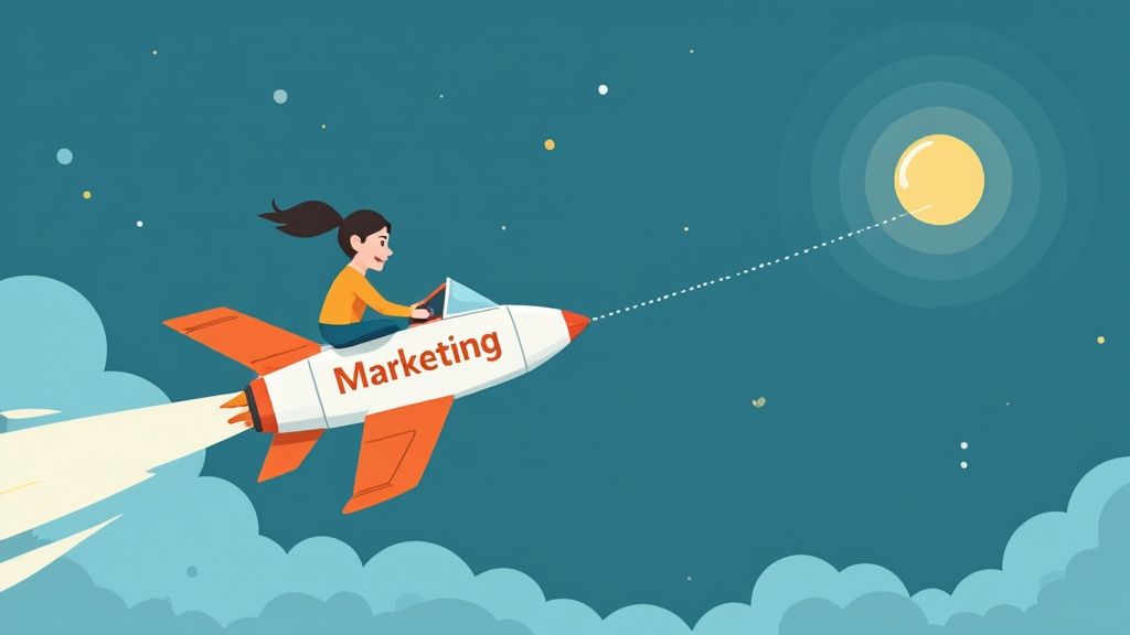 A cartoon girl on a rocket labeled 'Marketing' flying towards a yellow sun target in the sky.