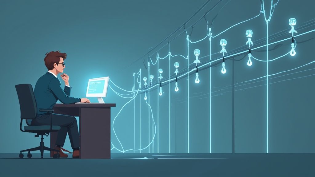 A man codes on a computer, connected to glowing light bulbs representing ideas or innovation.