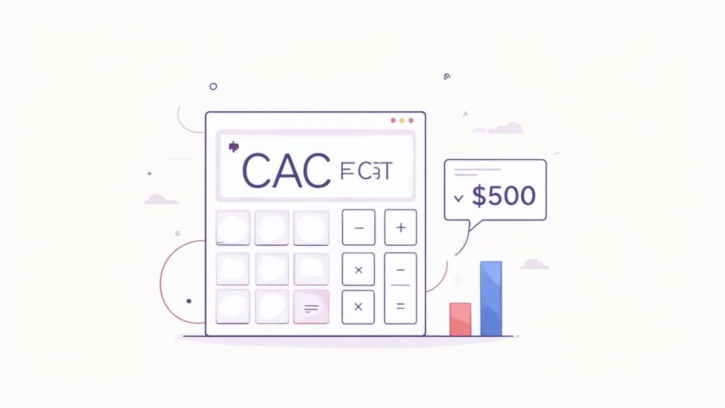 A person using a customer acquisition cost calculator on a laptop with charts in the background.