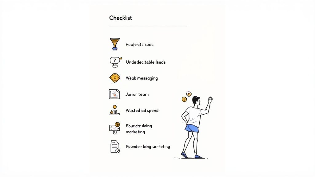 A marketing checklist with seven items like weak messaging, wasted ad spend, and founder doing marketing.