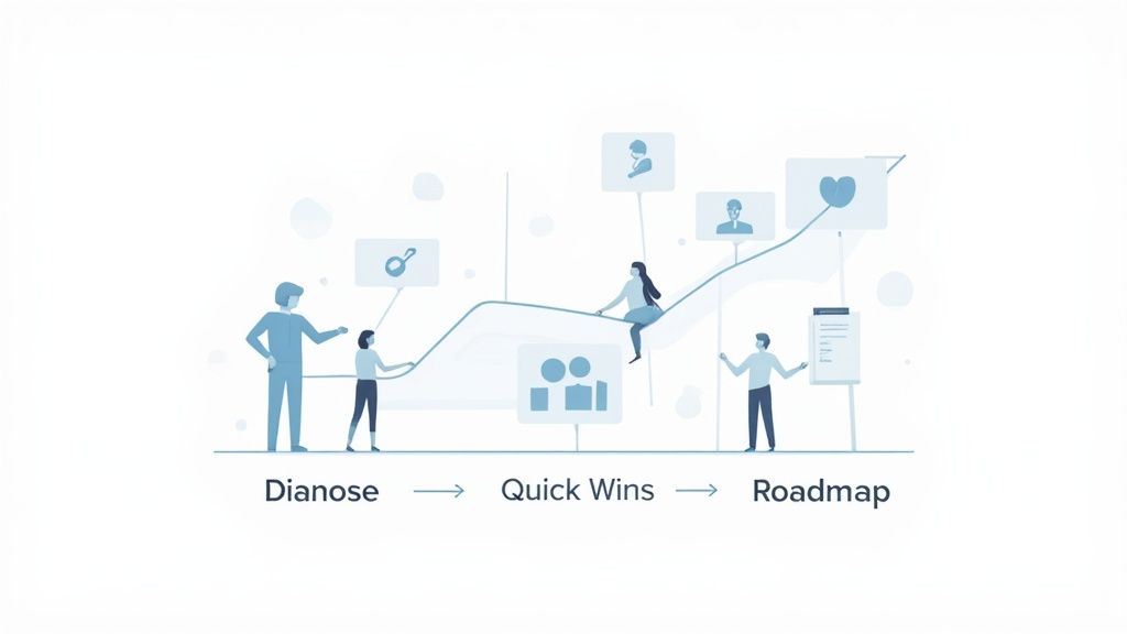 Illustration of a business strategy process with steps: Diagnose, Quick Wins, Roadmap, and people collaborating.