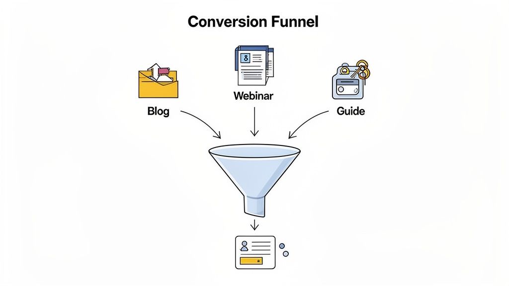 Diagram illustrating a conversion funnel where blog, webinar, and guide content generate leads.