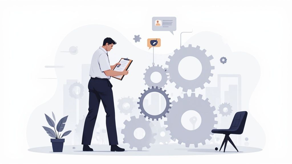 A marketing consultant collaborating with a team in an office setting, pointing at a whiteboard with graphs.