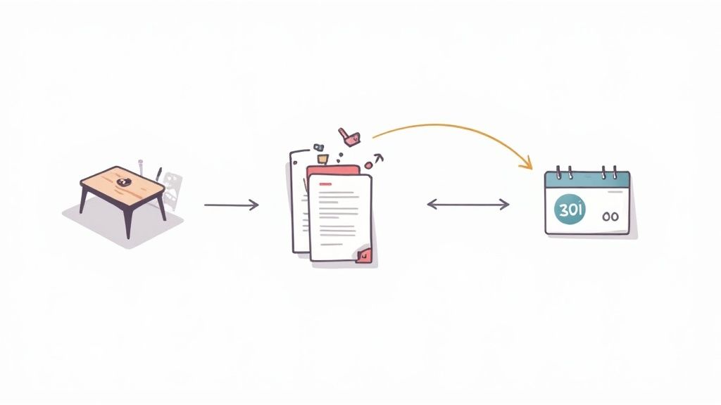 Workflow diagram illustrating the process from an initial table to processed documents and a calendar deadline.