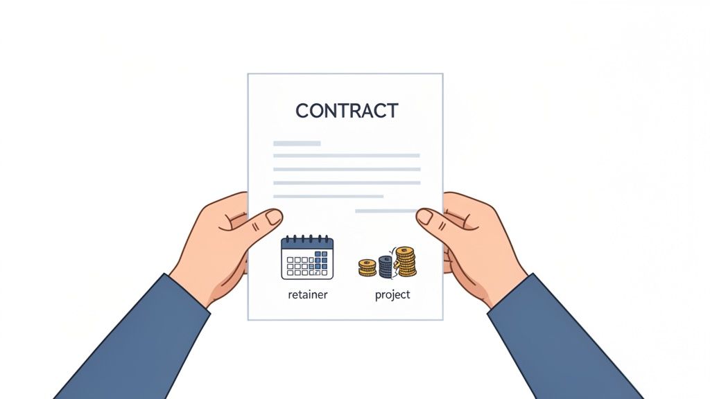 Hands holding a contract displaying options for retainer and project-based payment models.