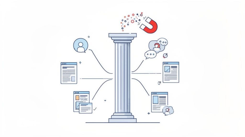 Diagram depicting inbound marketing success with a magnet attracting leads to a central pillar.