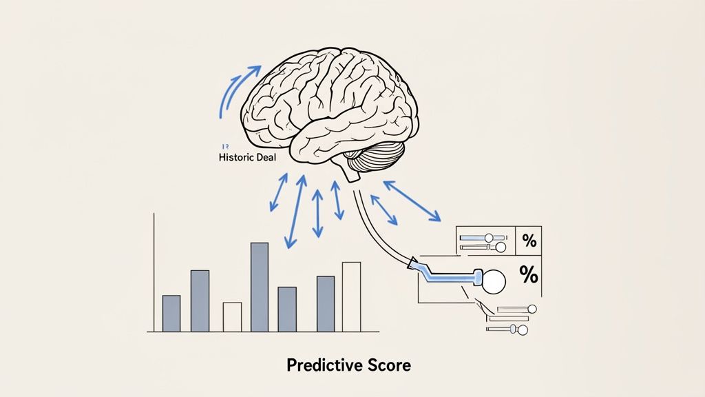 Diagram showing a brain processing historic deal data, generating predictive scores, and influencing percentage outcomes.