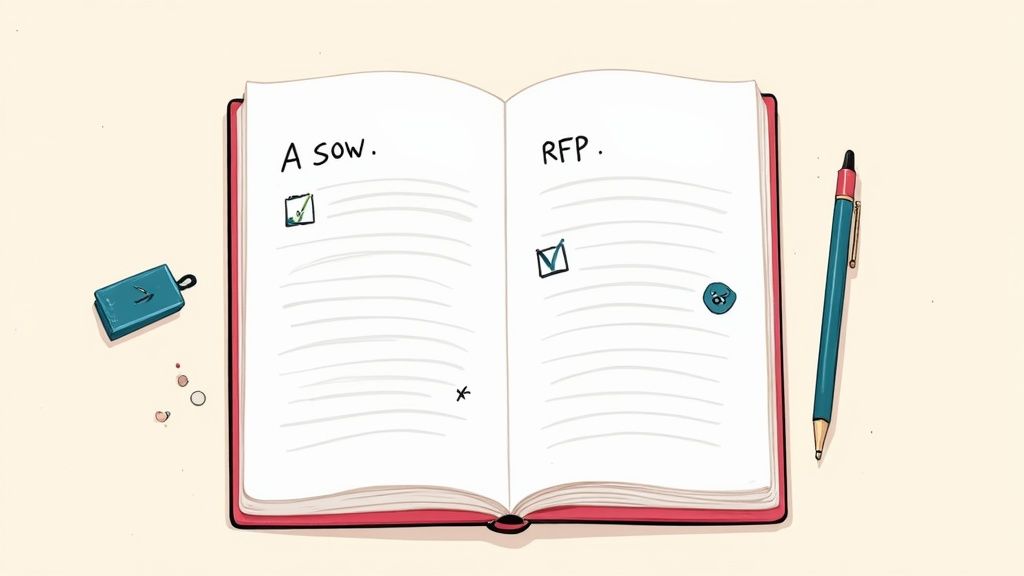 An open notebook on a desk shows 'A SOW' and 'RFP' checked off, with a pen.