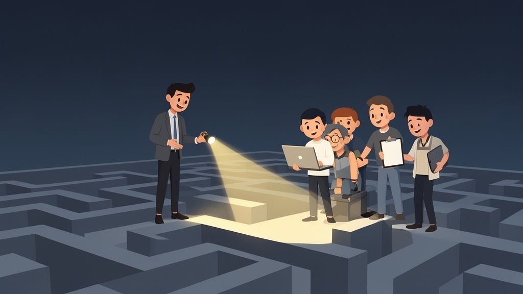 A business leader illuminates a dark maze path for a diverse team holding a laptop and documents.