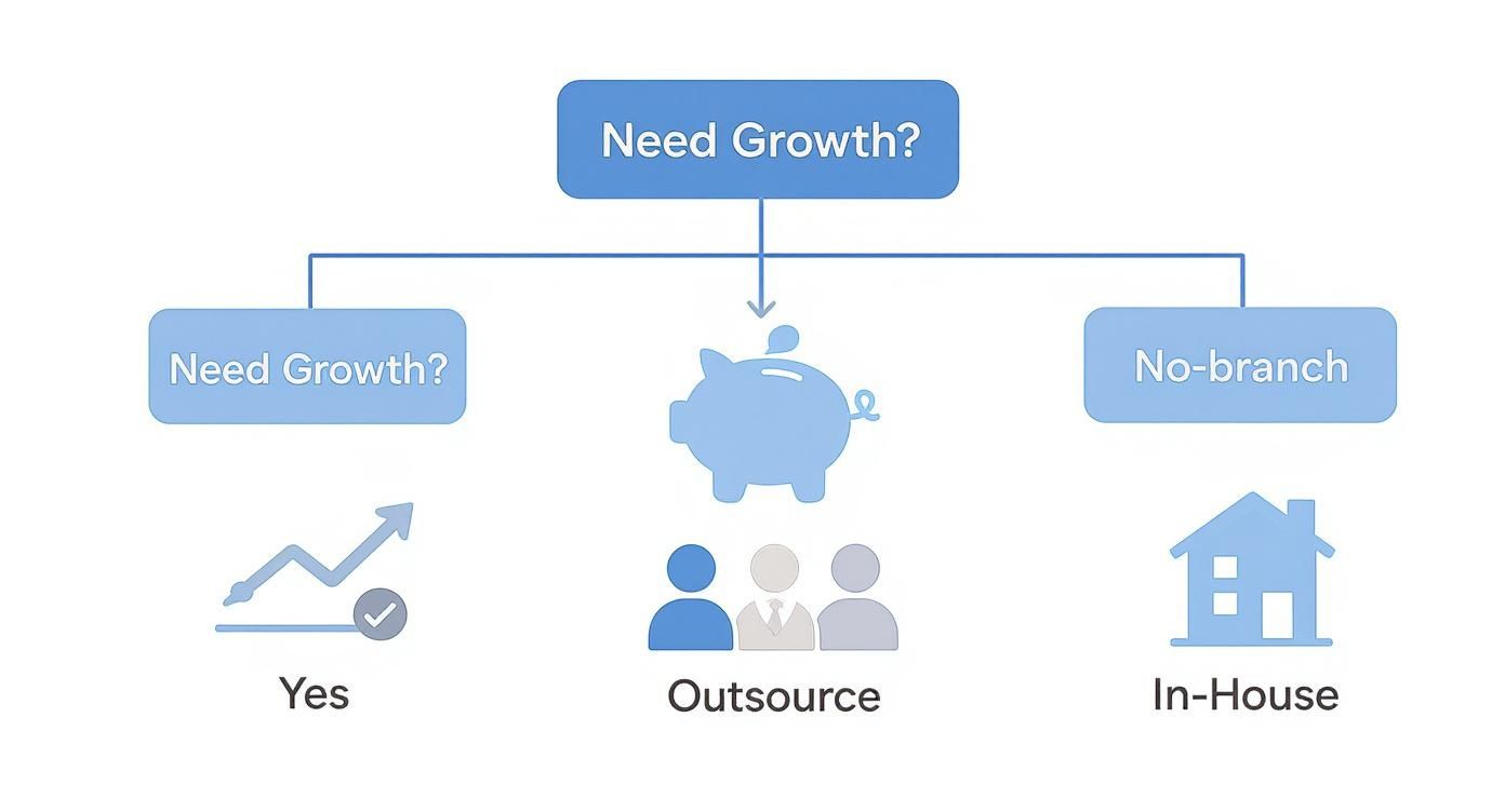 Flowchart detailing business growth decisions, offering options for outsourcing with resources or managing in-house.