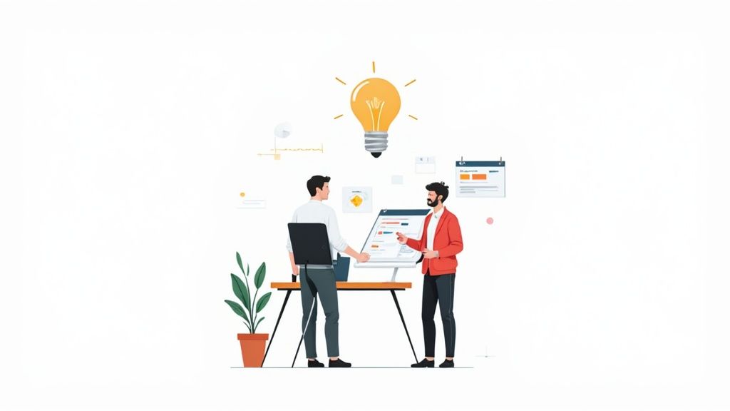 Two men collaborate on a business strategy, with a glowing lightbulb overhead symbolizing new ideas.