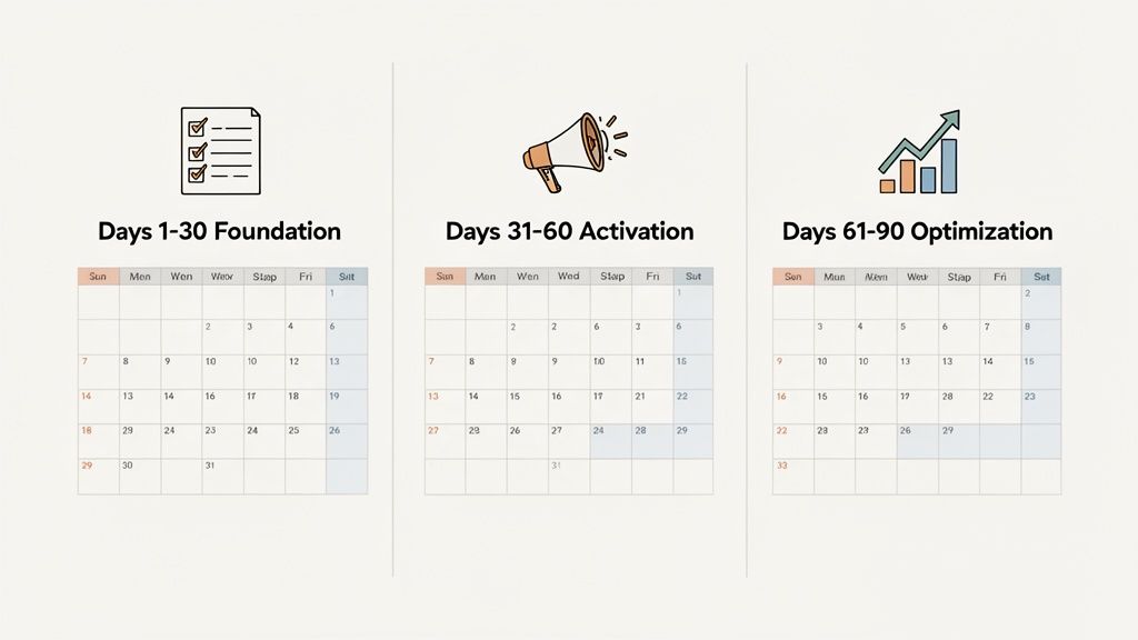 A 90-day plan with three phases: Foundation, Activation, and Optimization, each shown with an icon and calendar.