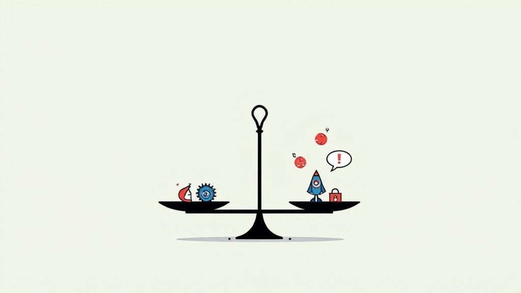 An illustration of a balance scale, with a gear and abstract shape outweighing a rocket, padlock, and floating problems.