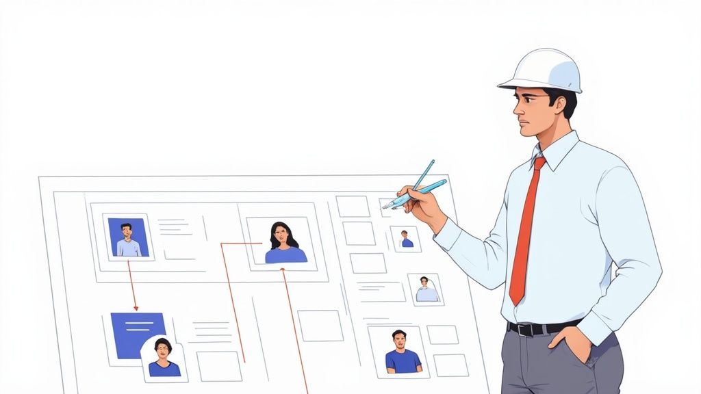 A team collaborating on a marketing strategy on a whiteboard.