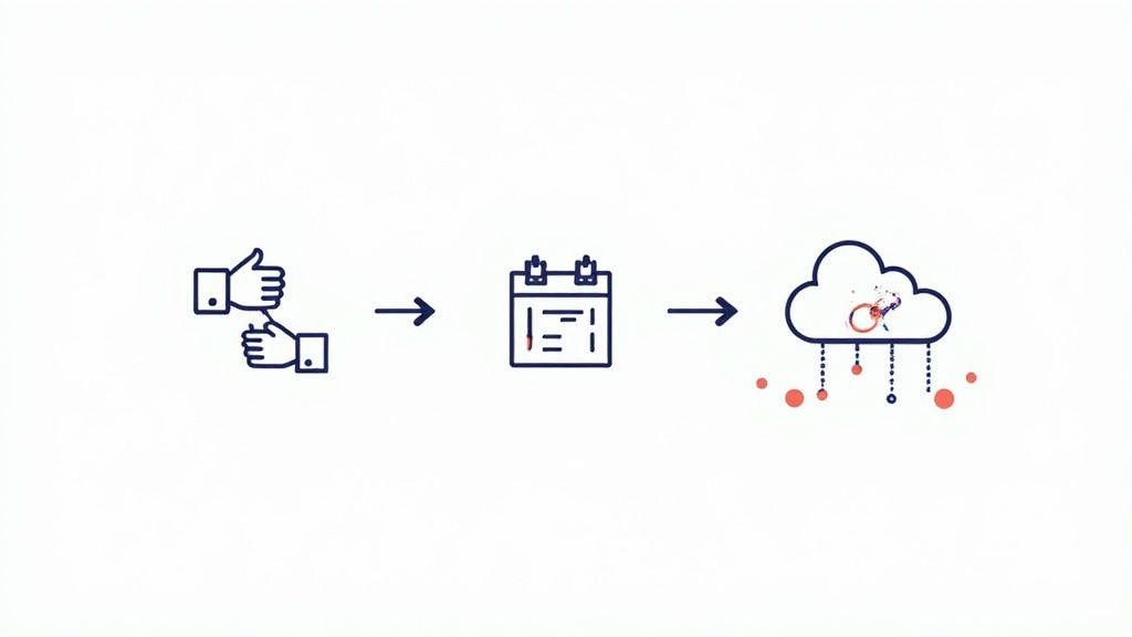 Line art illustration depicting a business process: feedback, scheduling, and cloud data output.