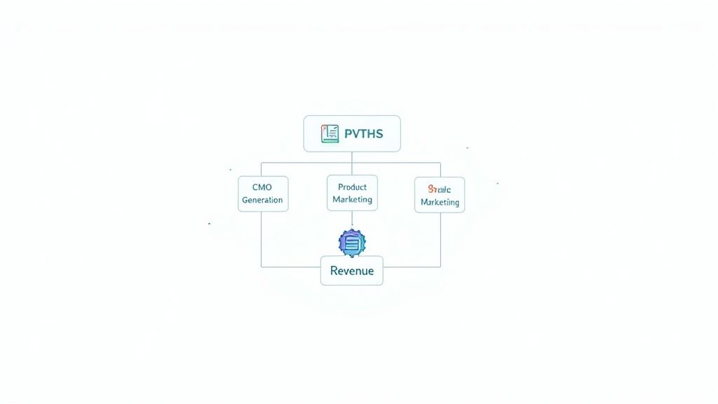 An organizational chart showing how PVTHS marketing teams (CMO, Product, Strategic) contribute to revenue.