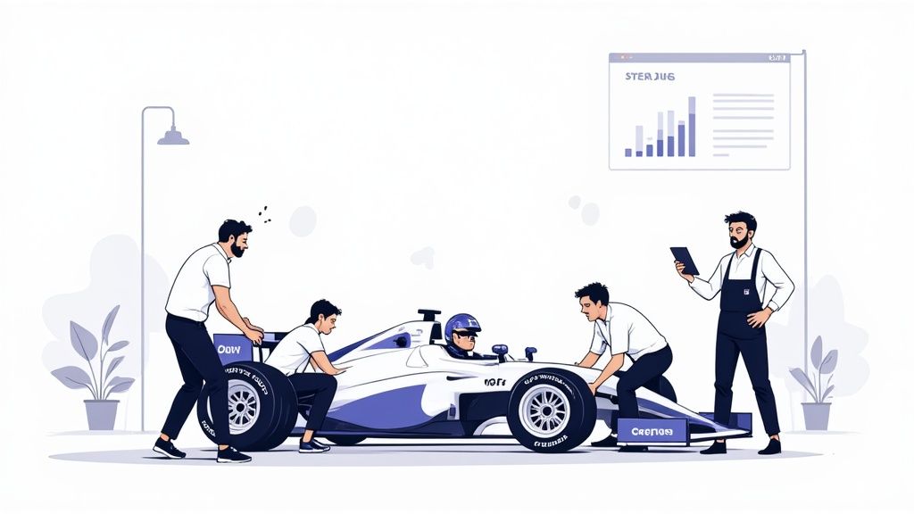 Men in a pit crew prepare a formula racing car, with data analysis displayed on a screen.