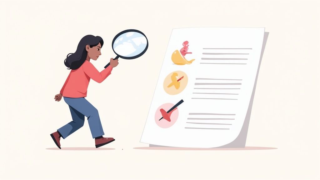 Woman with magnifying glass examining large document with illustrated list items and text lines