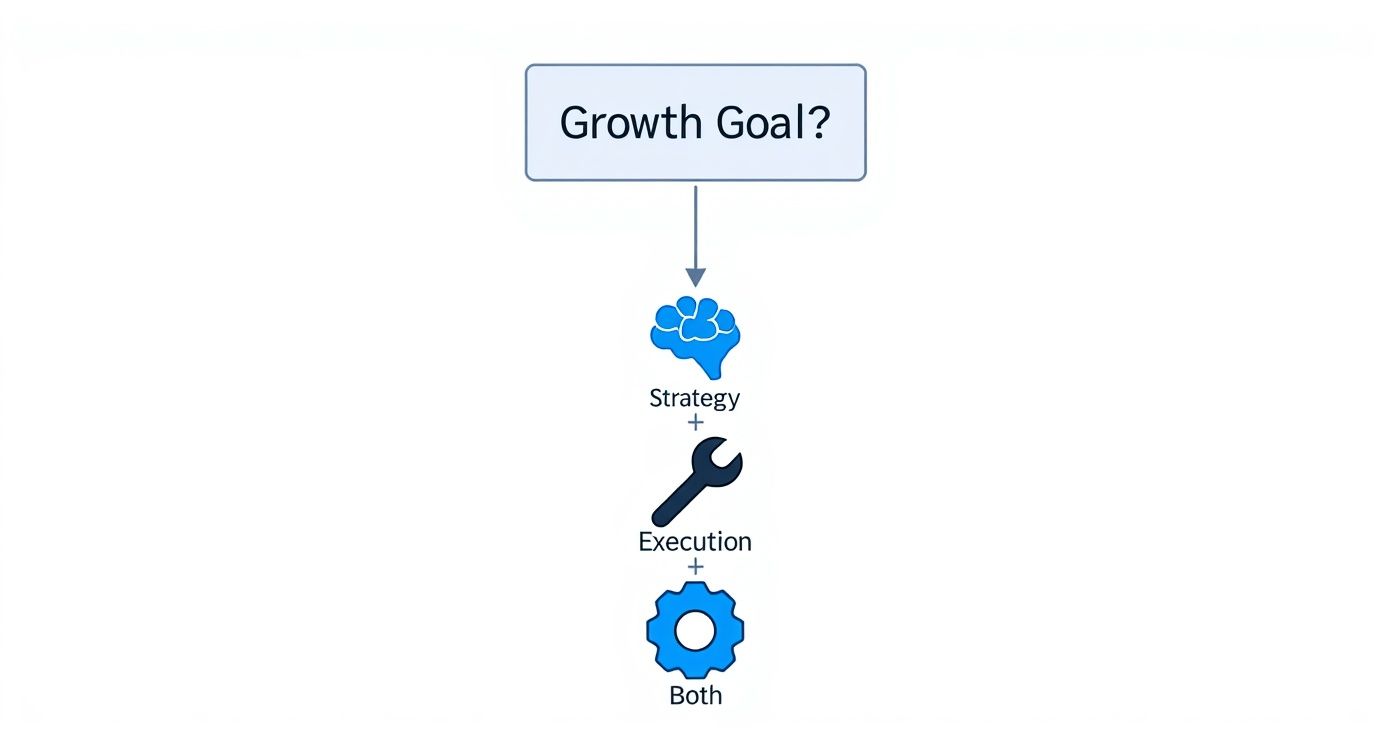 A flowchart showing a growth goal can be achieved through strategy, execution, or both.