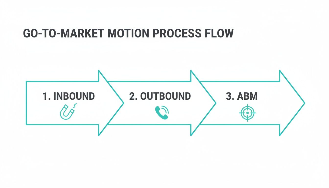 Go-to-market motion process flow diagram illustrating Inbound, Outbound, and ABM stages with icons.