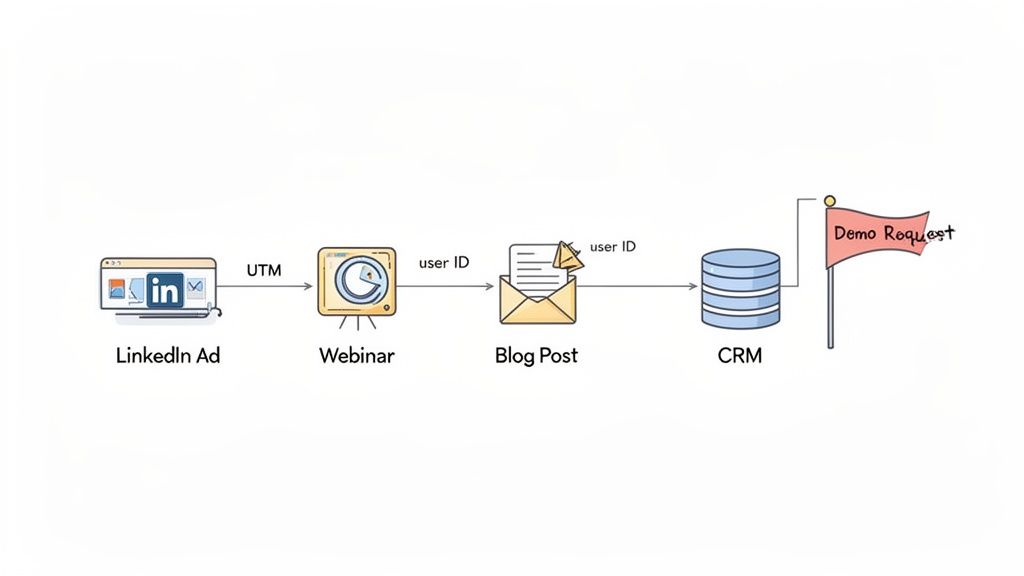 Diagram showing a multi-touch attribution customer journey from LinkedIn Ad to Webinar, Blog Post, CRM, and Demo Request, tracking user ID.