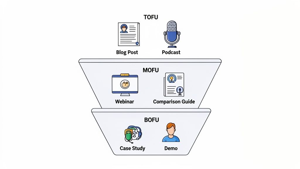 Sales funnel diagram showing TOFU, MOFU, BOFU content: blog, podcast, webinar, guide, case study, demo.