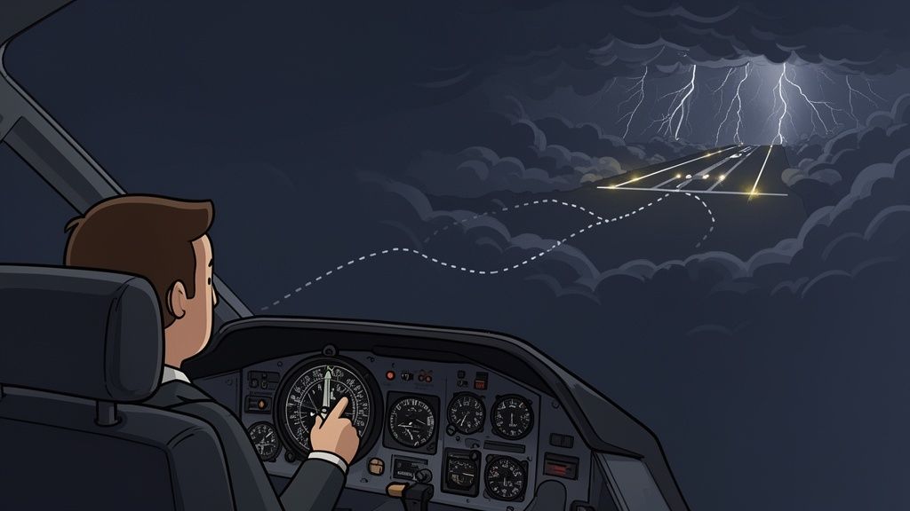 A pilot in a cockpit navigates an aircraft towards a stormy runway with flashing lightning.