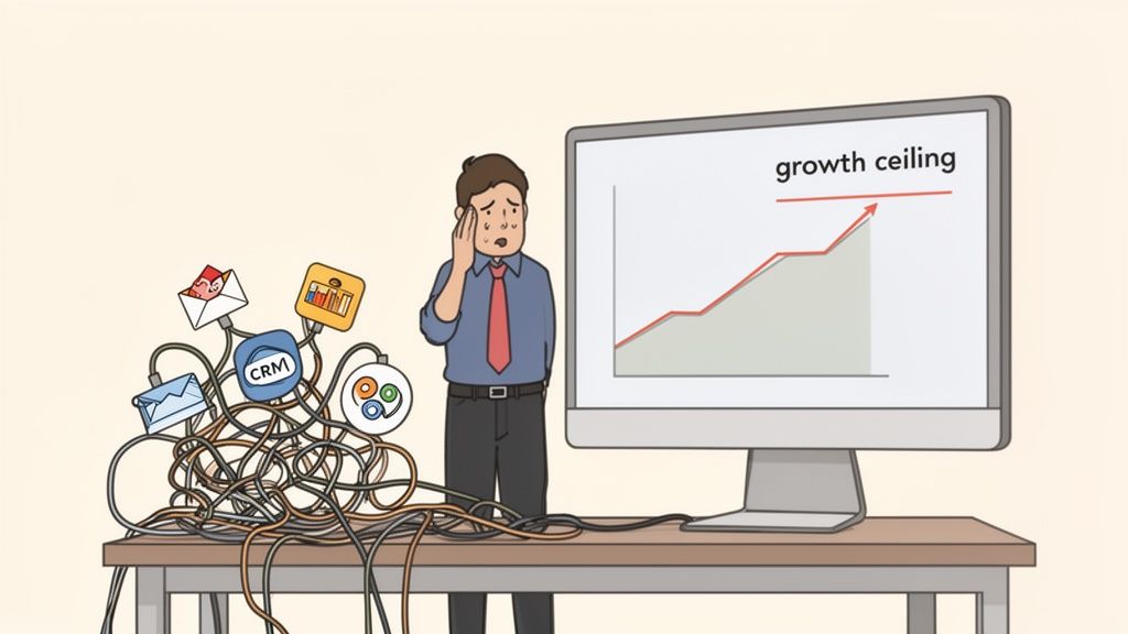 A stressed businessman looks at a 'growth ceiling' graph, surrounded by tangled cables and app icons.