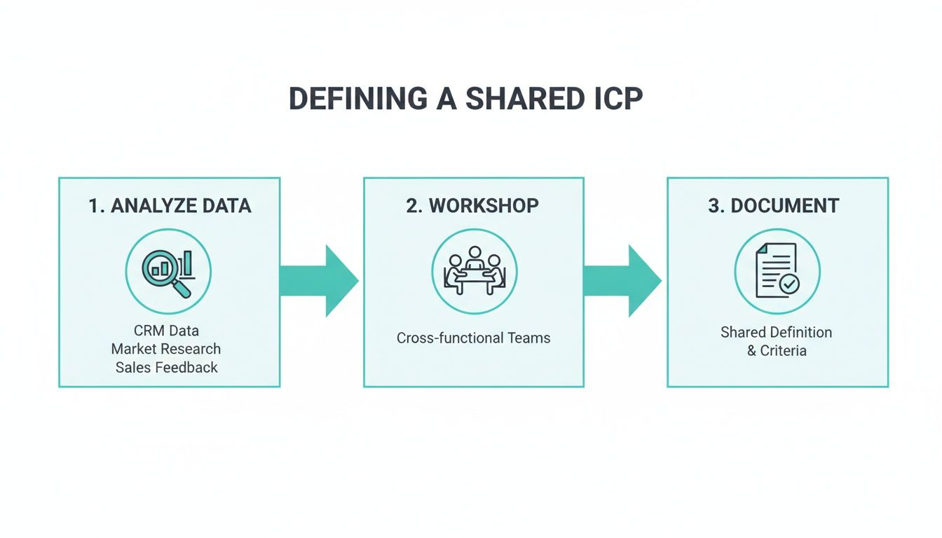 Flowchart illustrating three steps to define a shared Ideal Customer Profile (ICP) for businesses.