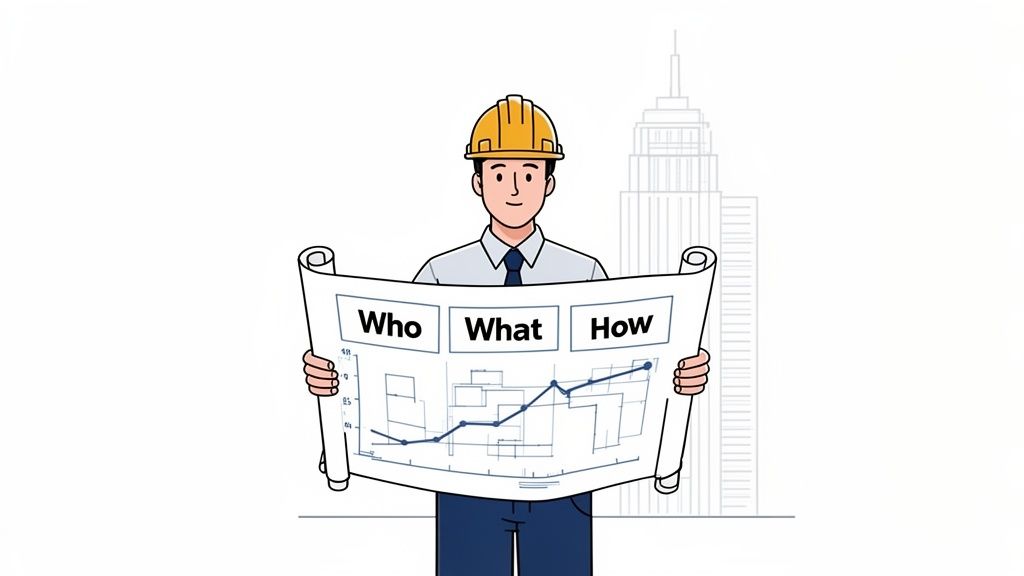 An engineer in a yellow hard hat holds a blueprint detailing 'Who', 'What', 'How' and a strategic graph, with a skyscraper in the background.