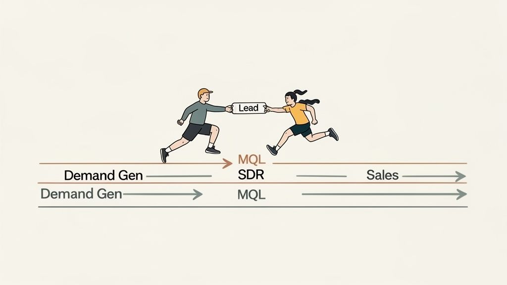 An illustration of lead handover, showing Demand Gen passing a 'Lead' baton to SDR/Sales, representing a marketing and sales funnel.