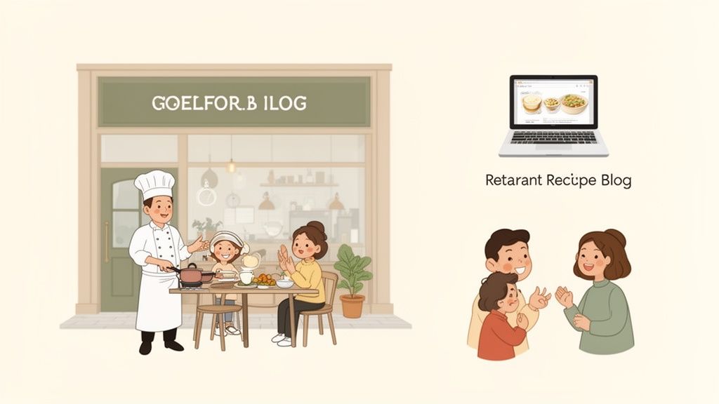 An illustration of a chef and child cooking, a family talking, and a laptop with a recipe blog.