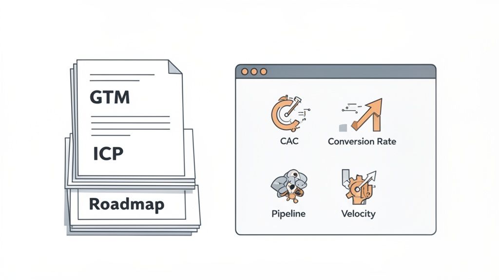 Visualizing B2B marketing strategy with documents like GTM, ICP, Roadmap, and digital dashboard metrics.