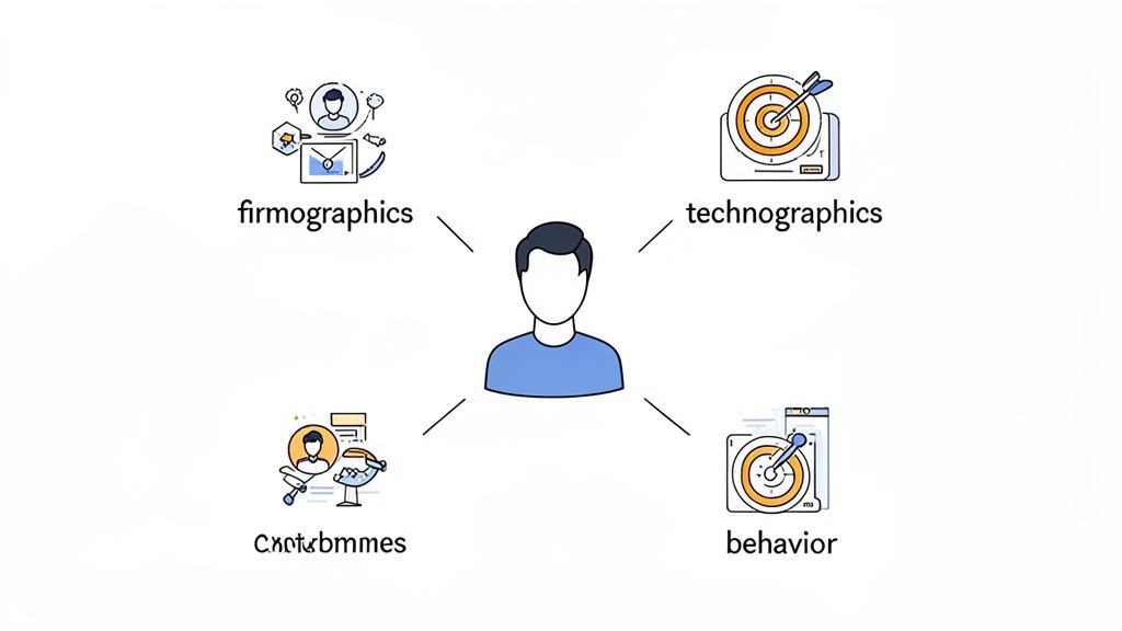 A diagram shows a central person representing a customer, connected to four types of data: firmographics, technographics, behavior, and another category.