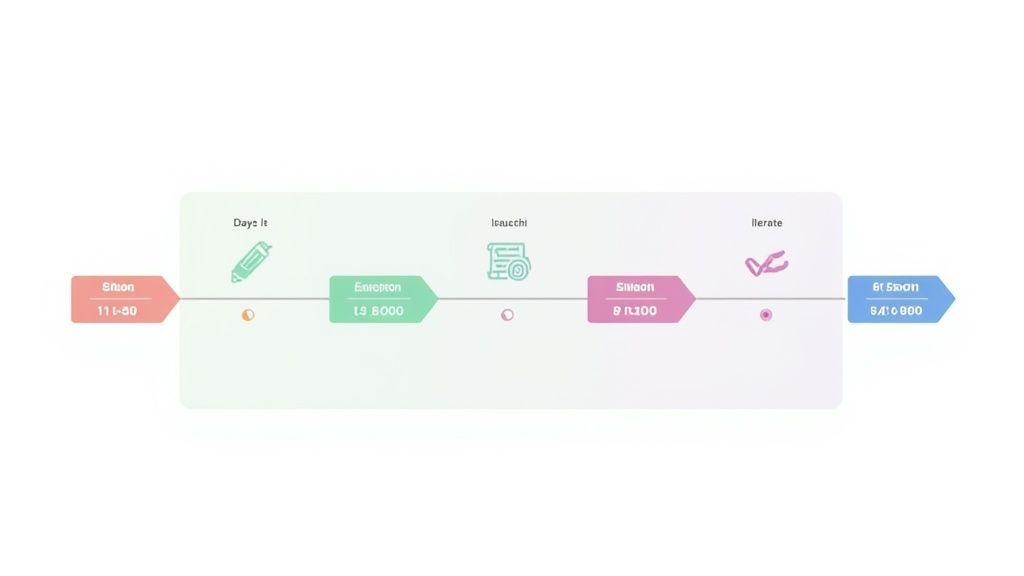A vibrant process flow diagram illustrating a go-to-market strategy with distinct stages and data points.