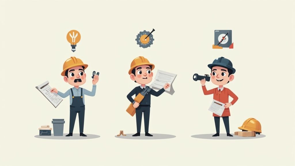 Three diverse cartoon construction workers or engineers, each performing tasks related to planning, execution, and inspection.