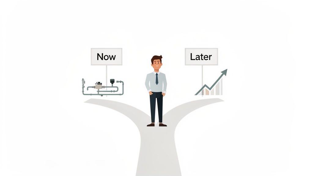 A man stands at a path fork, choosing between 'Now' (industrial pipes) and 'Later' (growth chart).