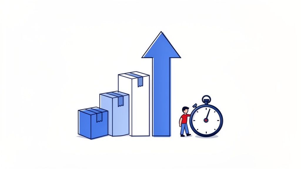 Illustration of a person with a stopwatch, showing increasing boxes and an upward arrow for growth.