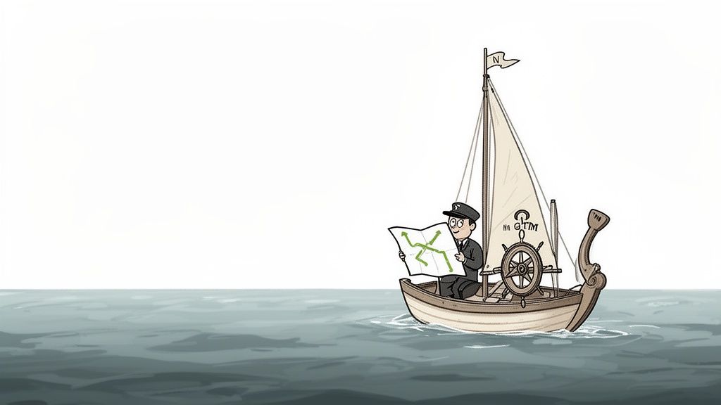 A cartoon captain in a sailboat studies a map with green directional arrows on calm water.