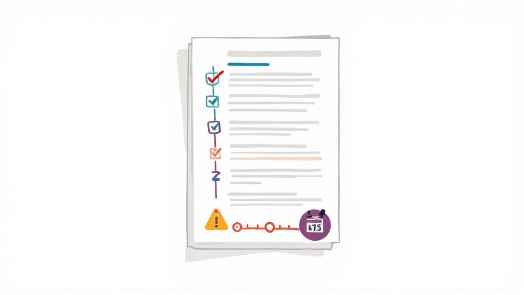 Illustrated document with a colorful checklist, a progress timeline, a warning icon, and a calendar.